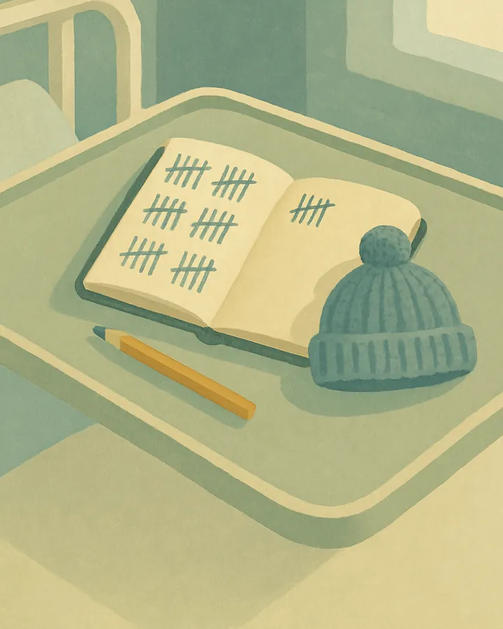 Illustration of a notebook filled with tally marks beside a small knit baby hat on a hospital tray